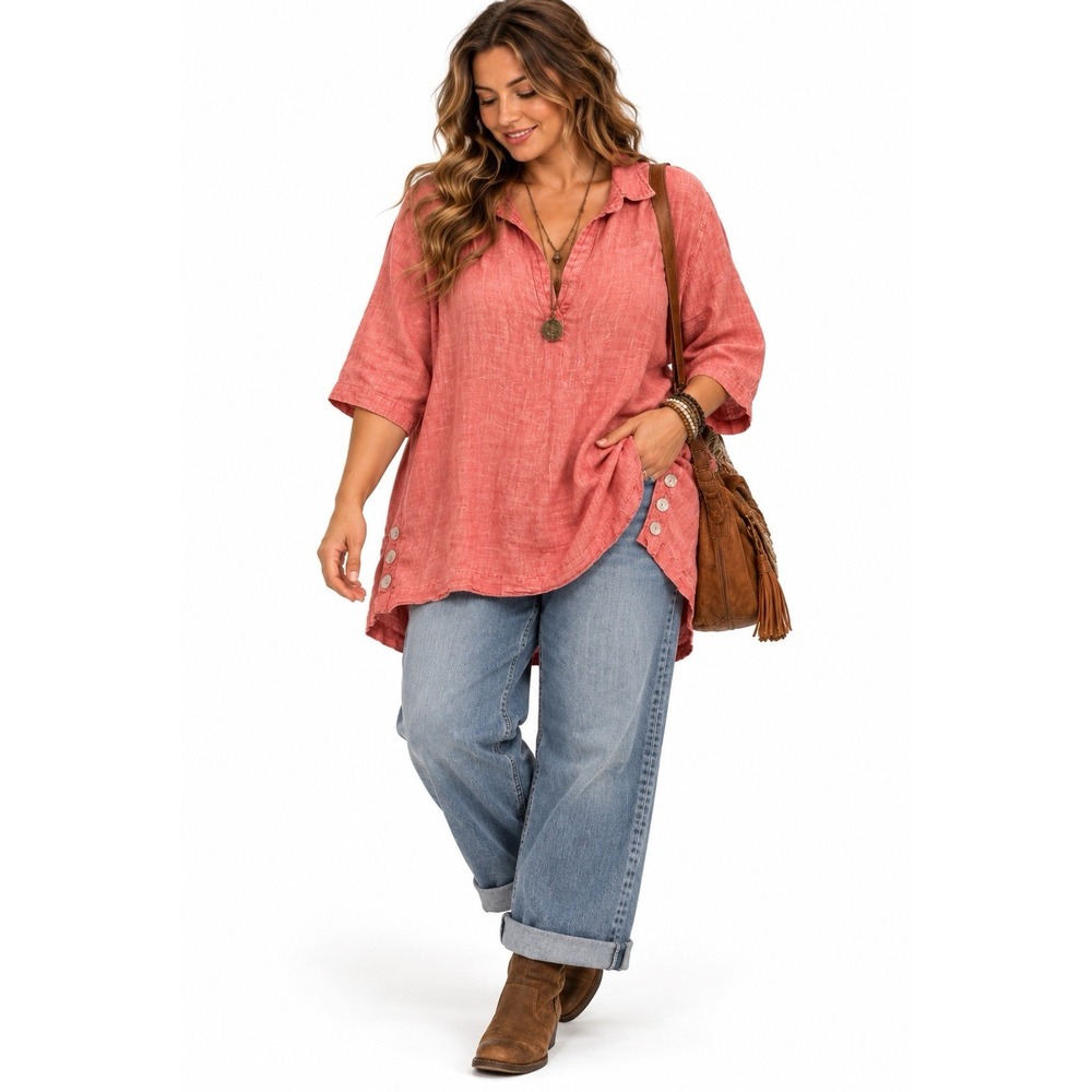 Tahari 100% Linen Tunic Top 3X Plus Pink Lagenlook Boho Cottagecore Beach